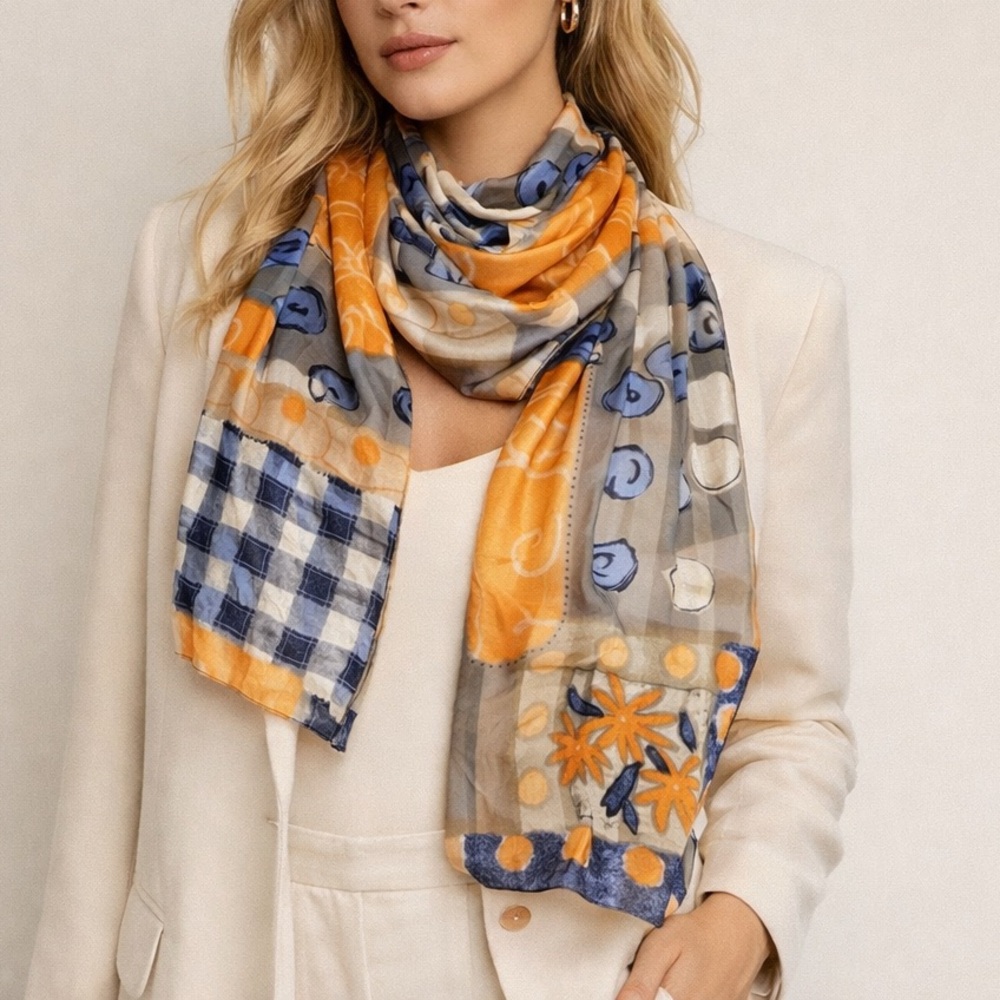 Vintage Made in France‎ 100% Silk Blue Orange Abstract Plaid Floral Square Scarf